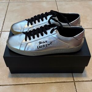 New Saint Laurent Metallic Leather Silver Sneakers